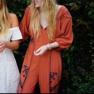 Free People Embroidered Burnt Orange Boho Jumpsuit
